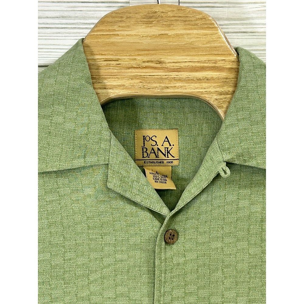 JOS A BANKS 100% Silk Button Up Hawaiian Palm Trees Shirt Green ‎ Size L
